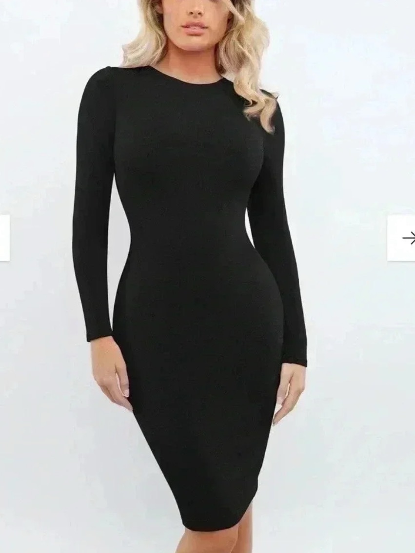 Nwt Popilush Shapewear Dress Crew Neck Long Sleeve Midi Black Size Large